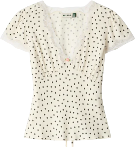 RIXO Layla Ivory / Black Dot Karia Lace Trim Top UK 12