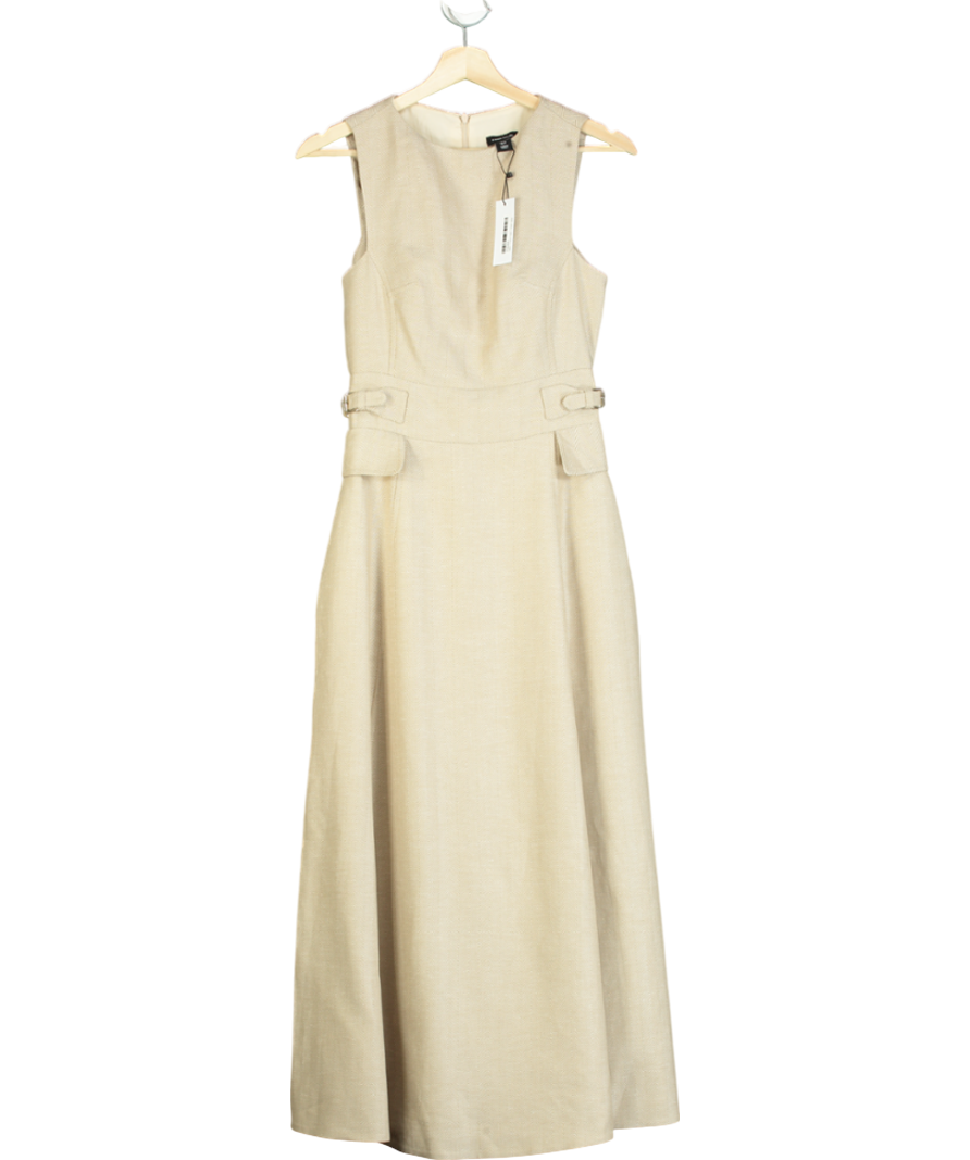 Karen Millen Beige Premium Linen Tab Waist Detail Full Skirt Tailored Midi Dress UK 6