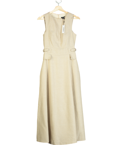 Karen Millen Beige Premium Linen Tab Waist Detail Full Skirt Tailored Midi Dress UK 6