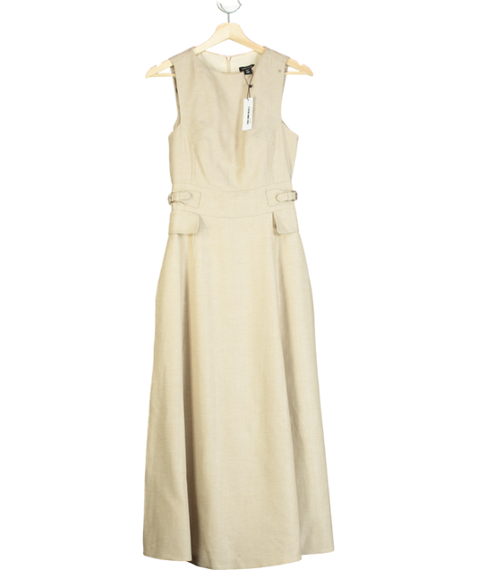 Karen Millen Beige Premium Linen Tab Waist Detail Full Skirt Tailored Midi Dress UK 6