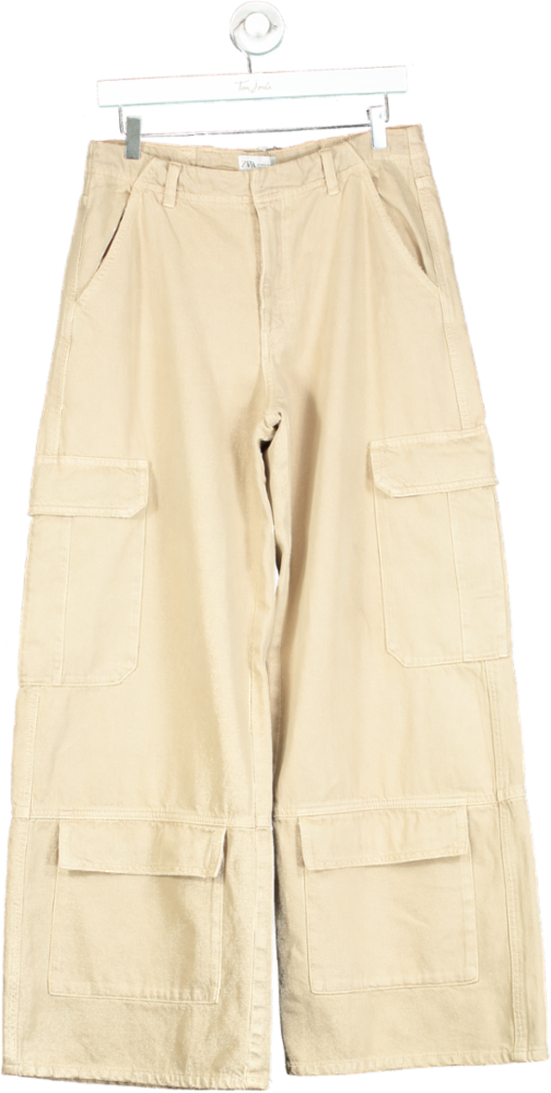 Zara Beige Wide-Leg Cargo Trousers UK 10