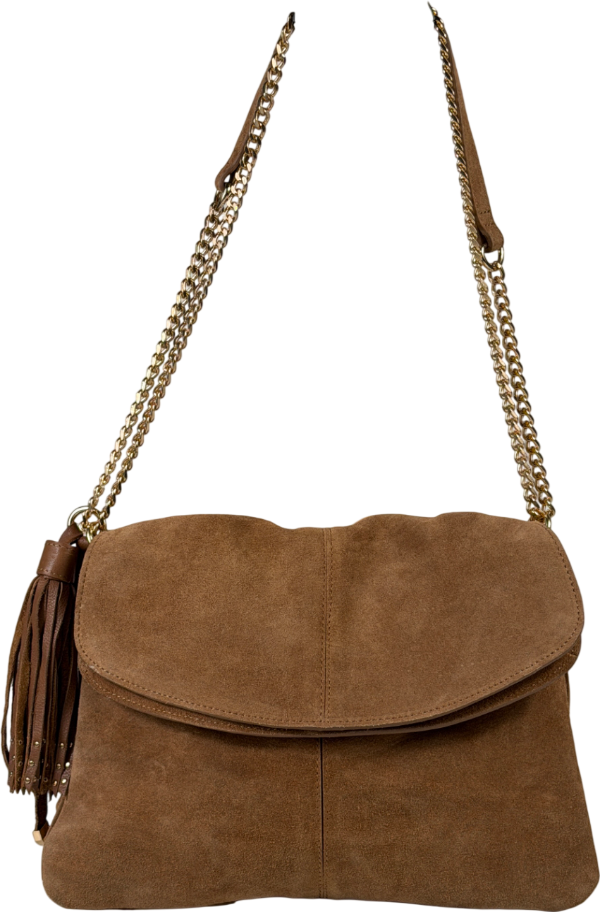 RIVER ISLAND Real Suede Leather Brown Tassel Chain Shoulder Bag