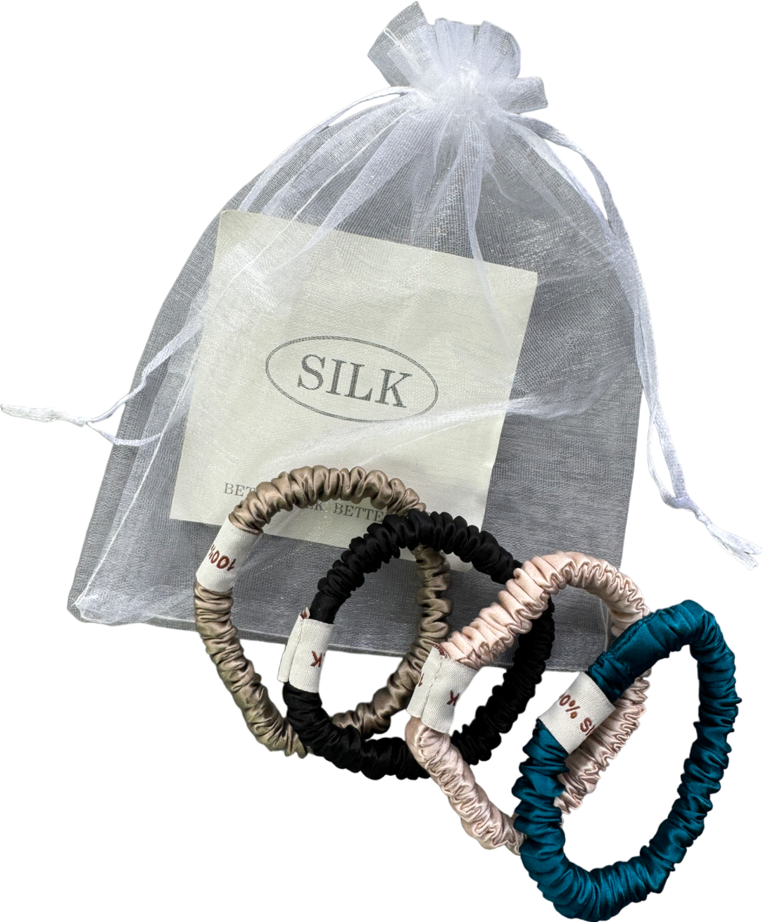 SILK. Set Of 4 100% Mulberry Silk Scrunchies In Tulle Gift Bag