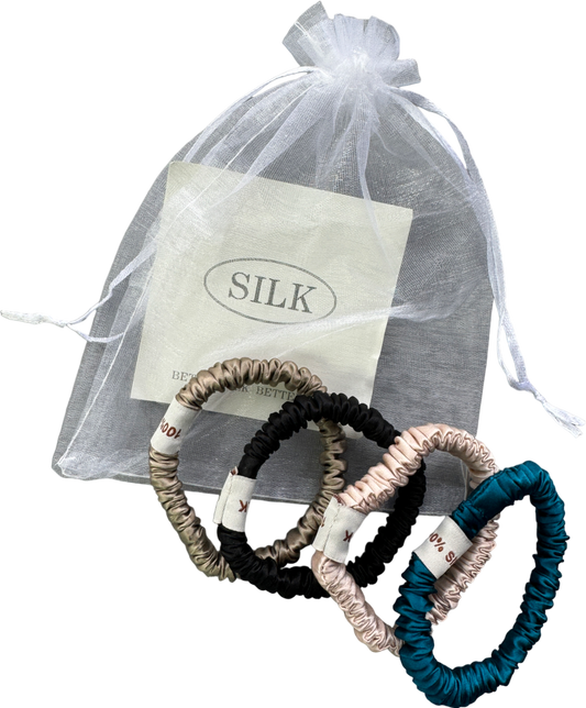 SILK. Set Of 4 100% Mulberry Silk Scrunchies In Tulle Gift Bag