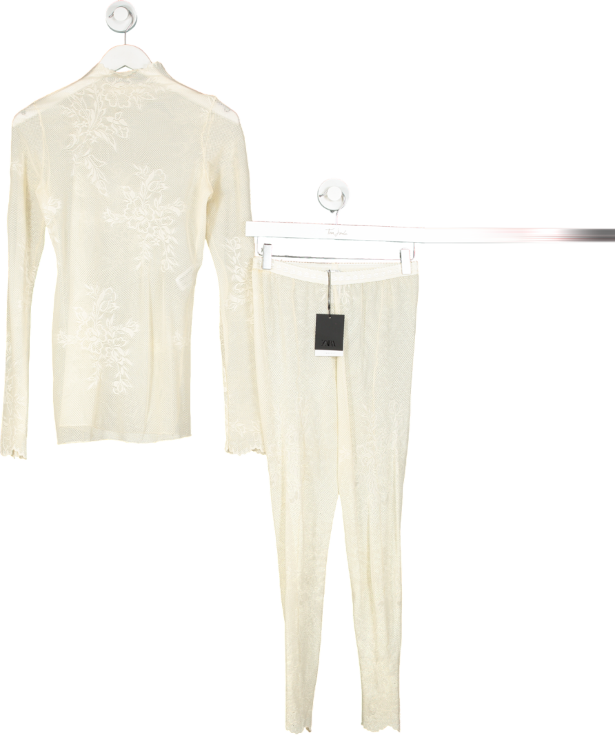 ZARA Floral Print Cream Crochet Trouser Set UK S