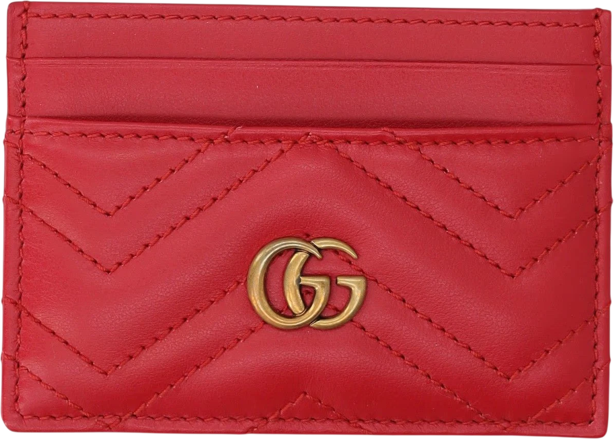 GUCCI Red Quilted Chevron Nappa Leather Gg Marmont Card Case One Size