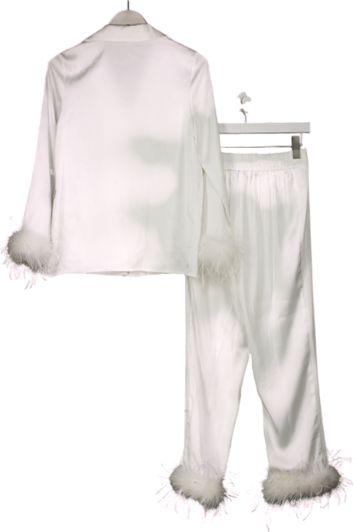 Nadine Merabi White Darcie Satin Feather Trim Pyjamas With Crystal Buttons UK 8