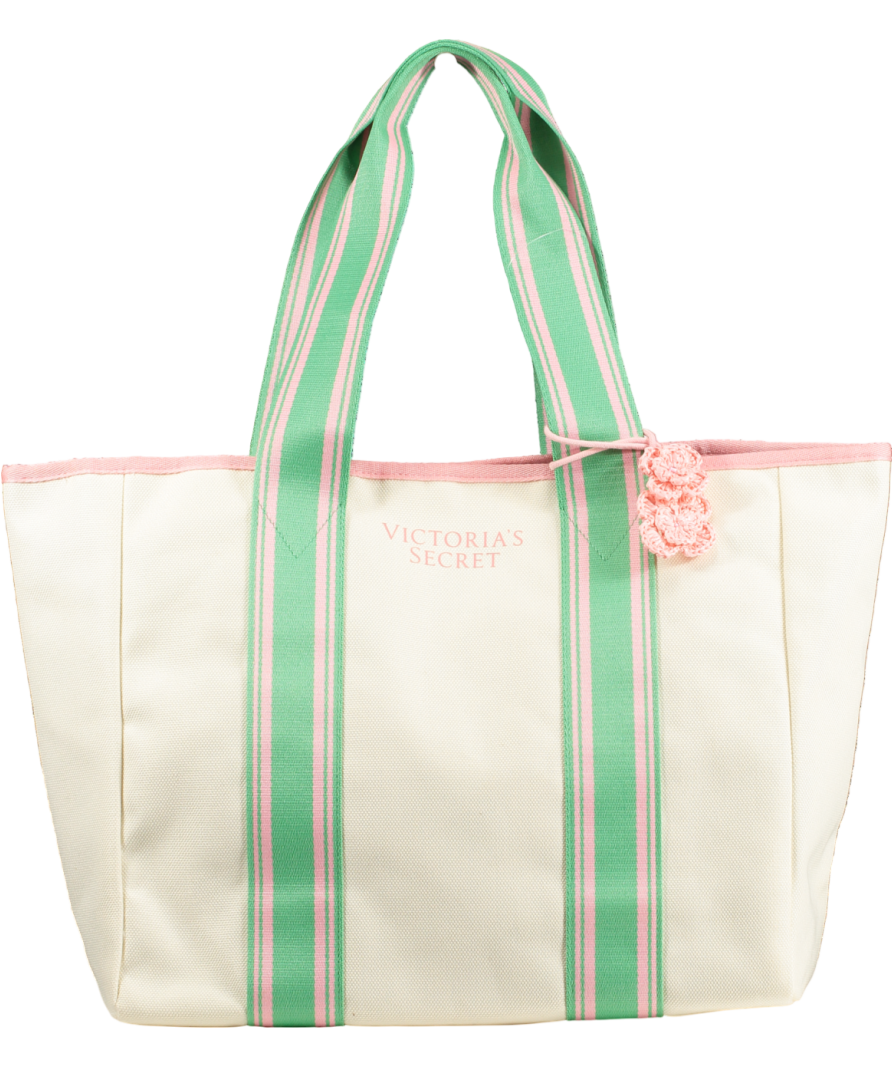 Victoria's Secret Cream Striped Canvas Large Tote Bag