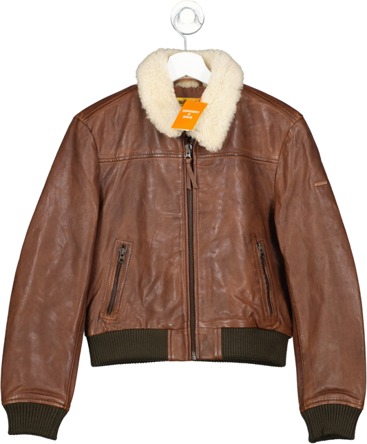 Superdry Brown Leather Borg Collar Jacket UK S