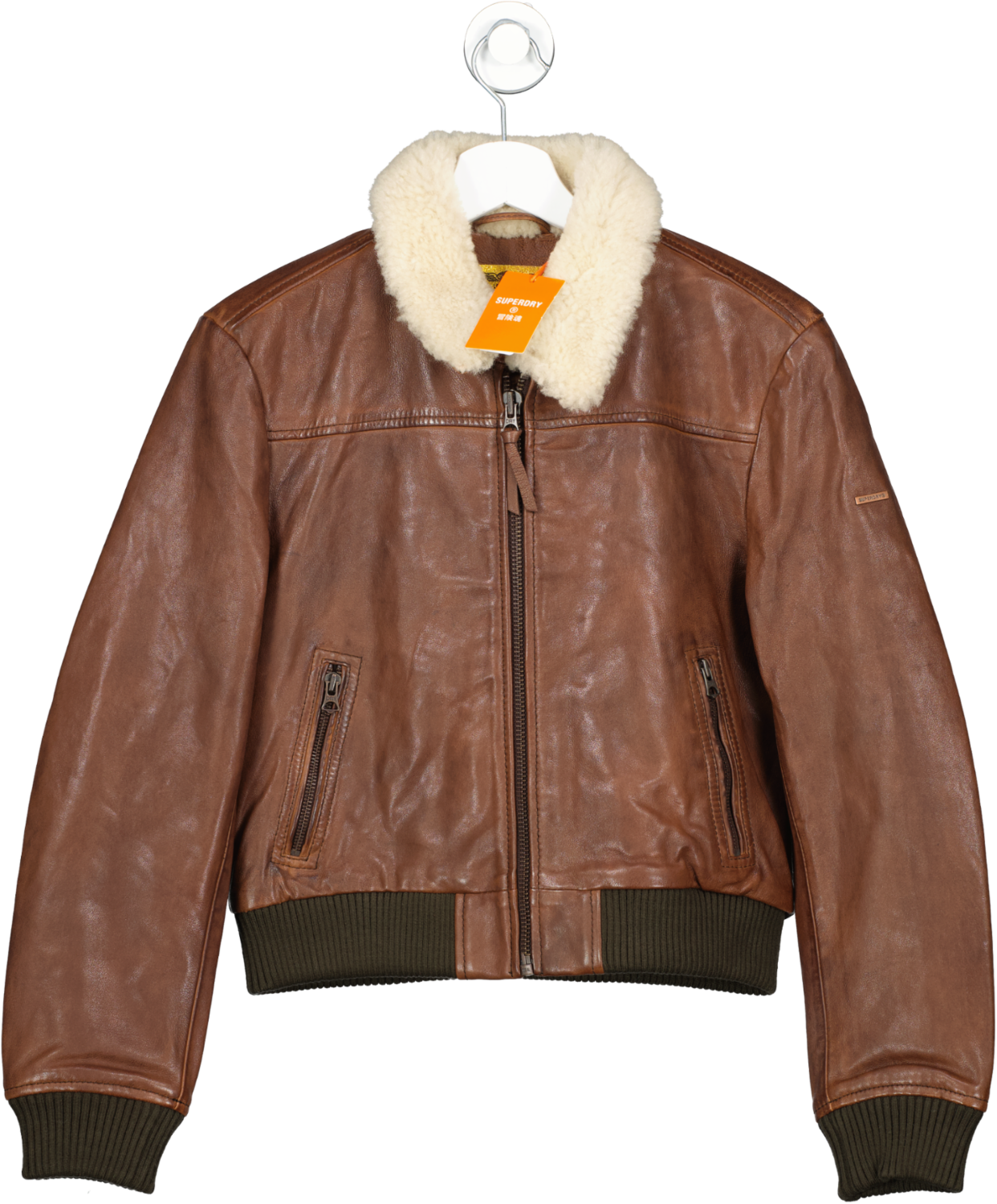 Superdry Brown Leather Borg Collar Jacket UK 10
