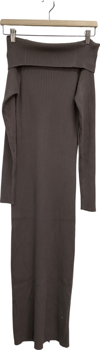 New Look Petite Brown Ribbed Bardot Long Sleeved Midi Dress UK 10