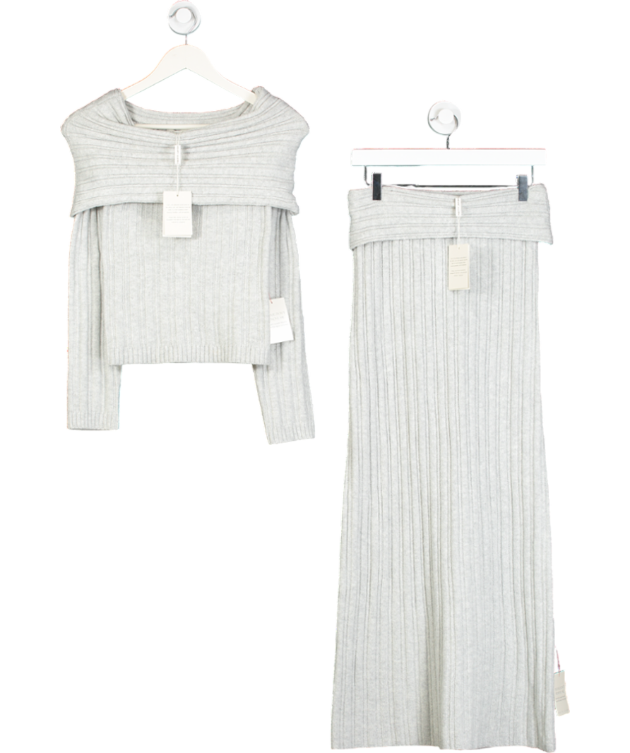 PRETTY LAVISH Grey Petra Bardot Cosy Rib Knit Jumper And Maxi Skirt UK XS