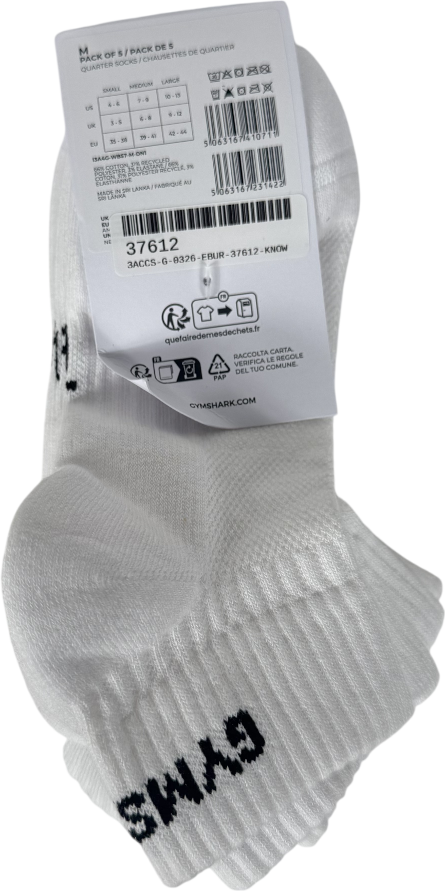 gymshark White Quarter Socks 5pk UK M