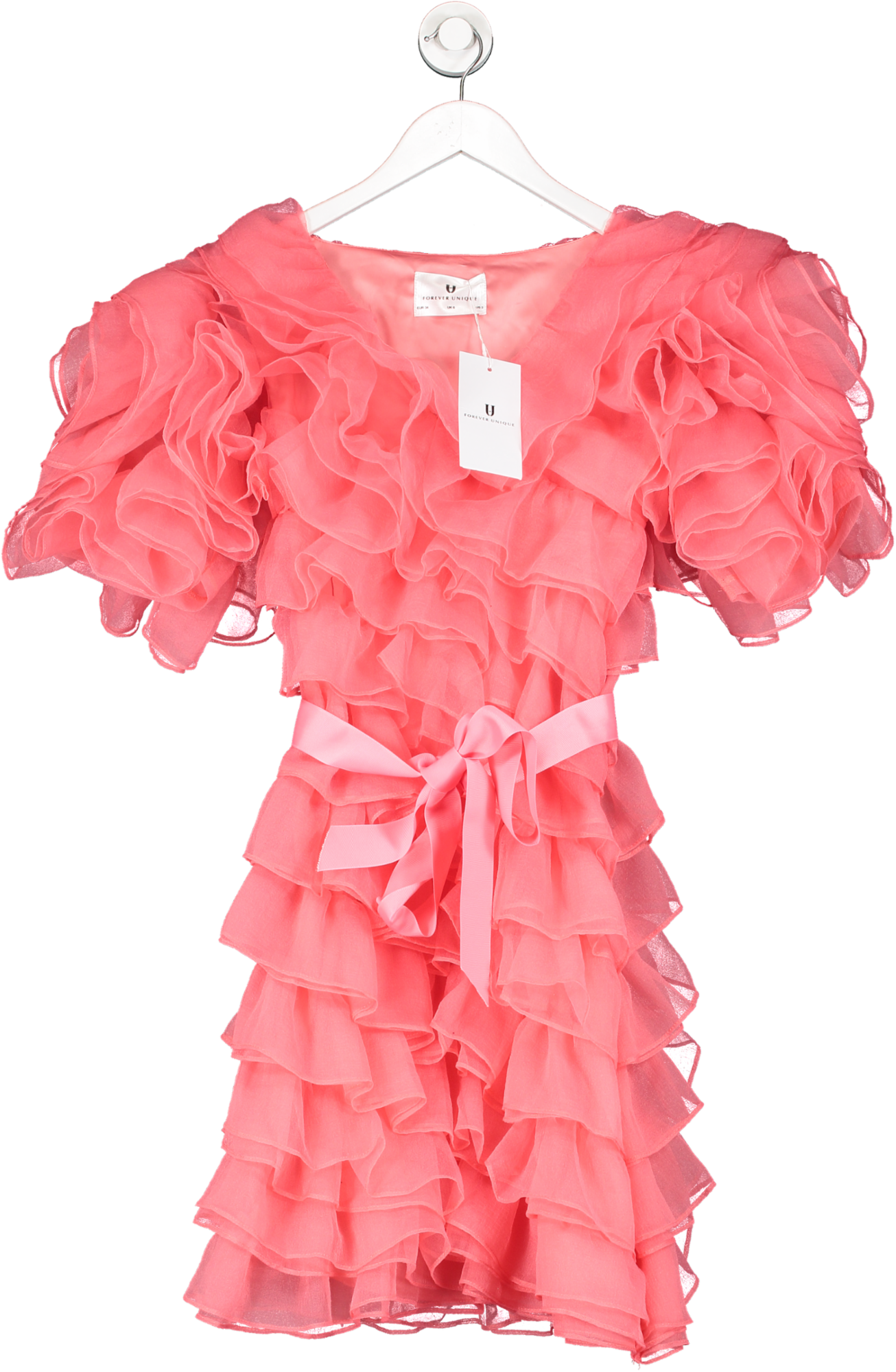 Forever Unique Pink Oversized Ruffle Tie Waist Mini Dress UK 6