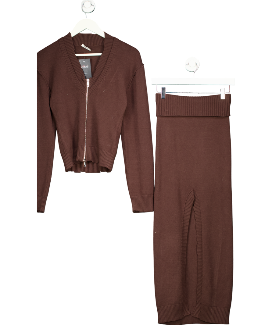 YUZEFI Brown Knot Long Sleeve Cardigan And Maxi Skirt 2-piece Set UK S/M