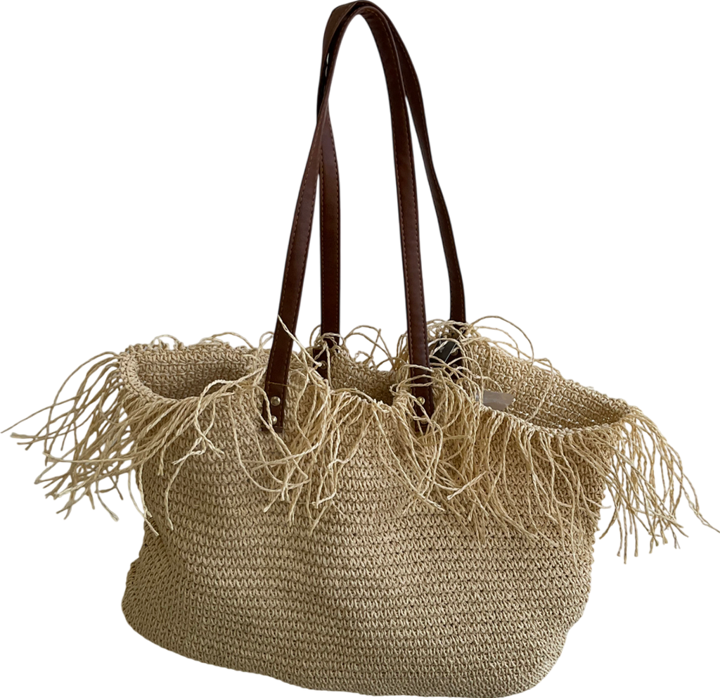 Beige Large Rafia Fringe Bag One Size