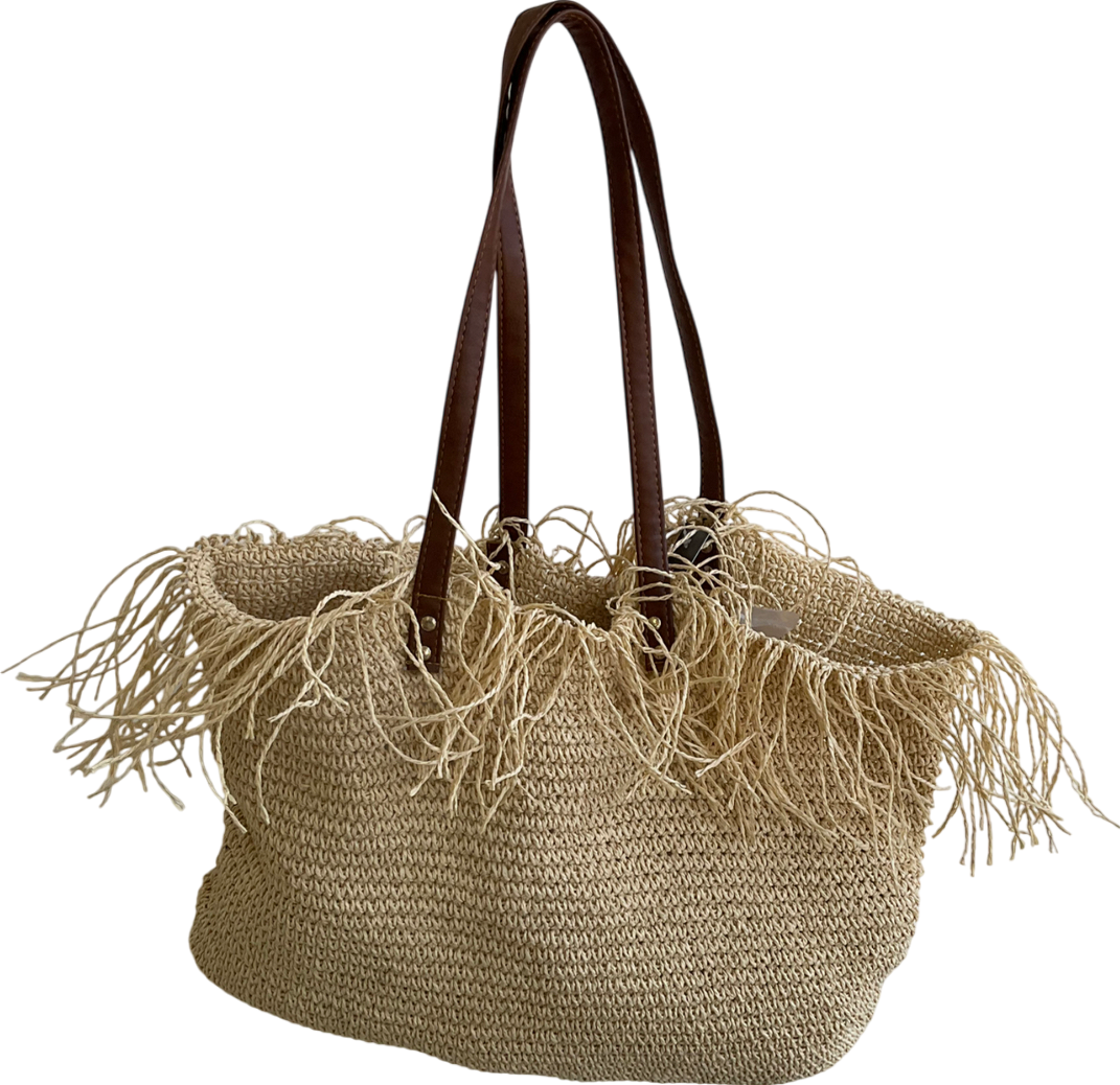 Beige Large Rafia Fringe Bag One Size