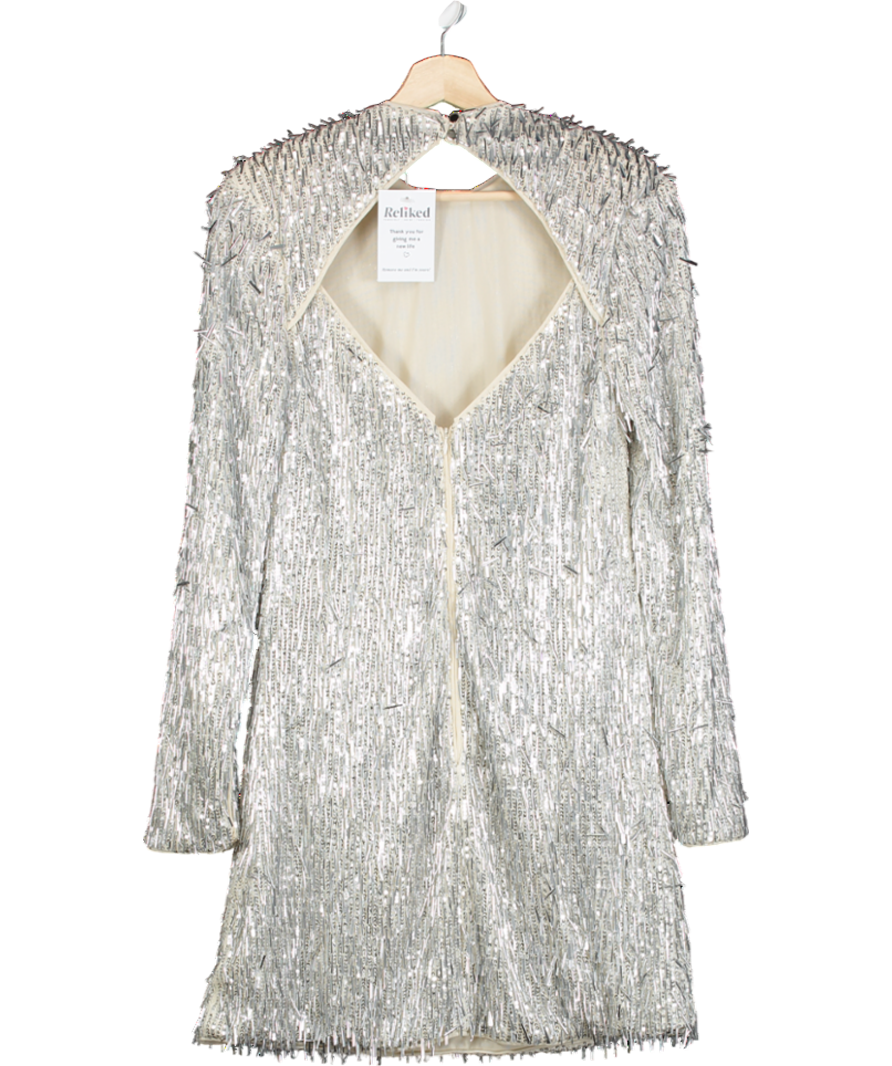 Karen Millen Metallic Sequin Strong Shoulder Cut Out Back Woven Mini Dress UK 8