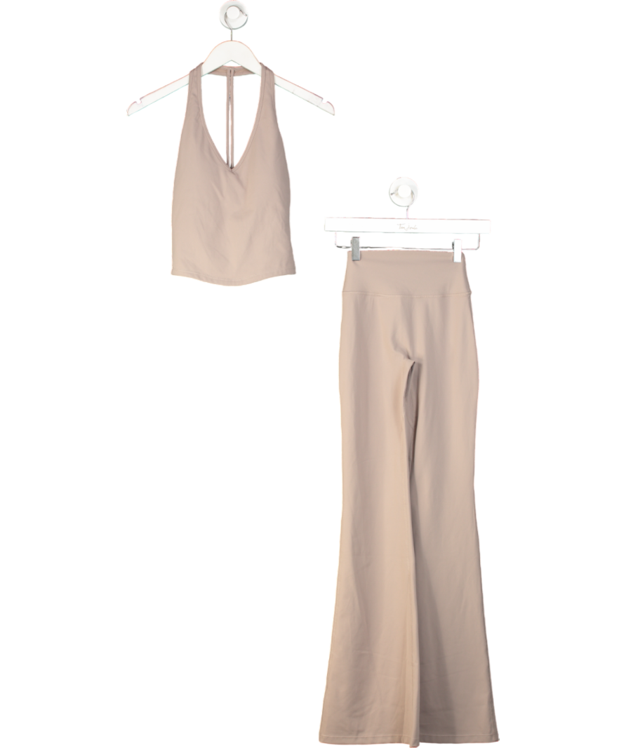 CSB Beige Form Fabric 2-piece Active Wear Halter Top And Flare Leggings Set UK S