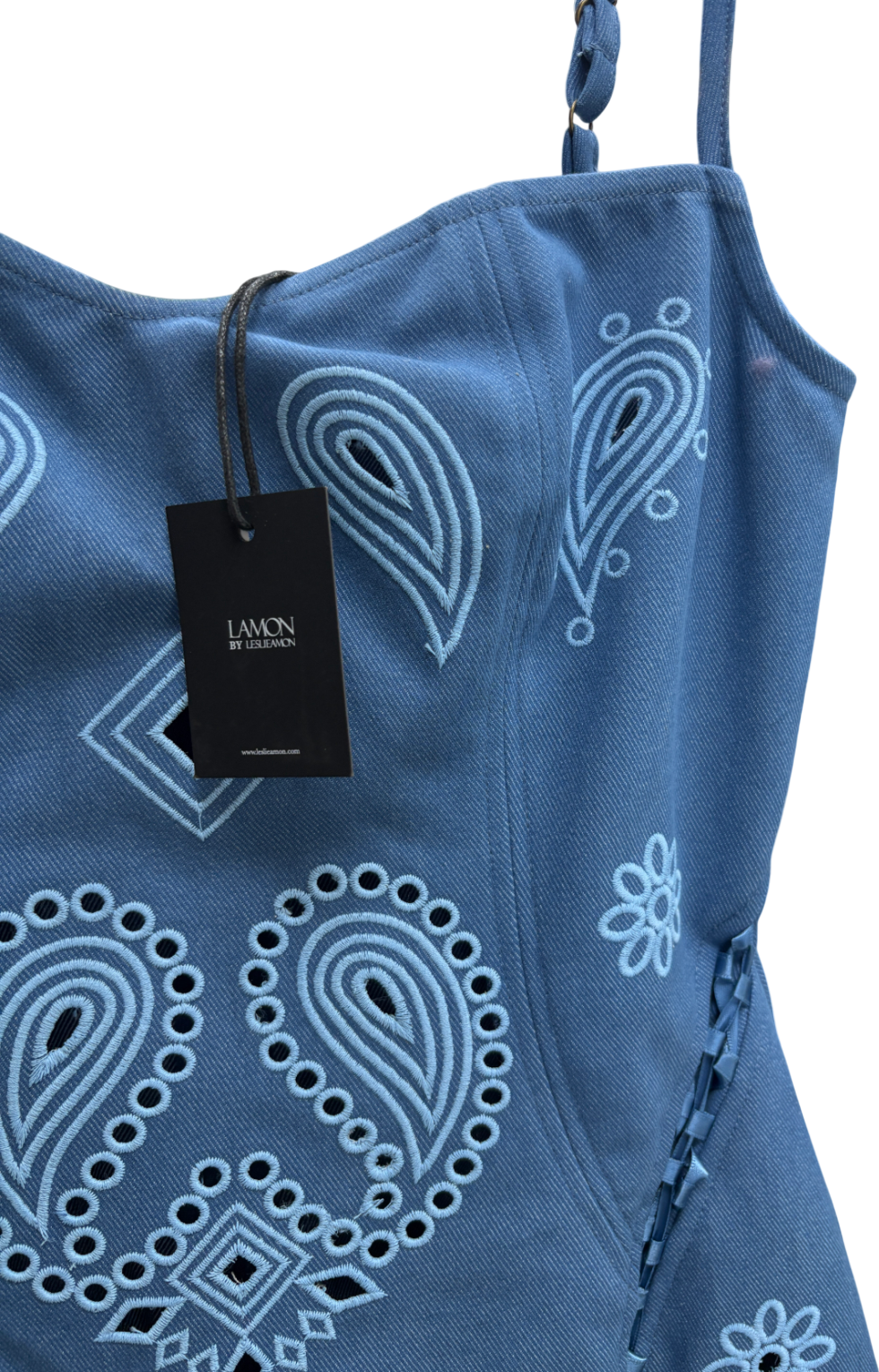 Lamon Blue Lace Up Denim Mini Dress UK S