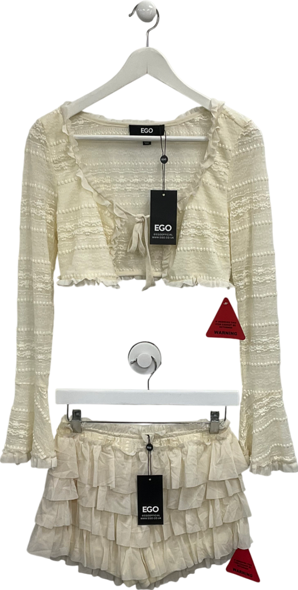 Ego Cream Textured Frilly Micro Shorts And Tie Front Long Sleeve Crop Top UK 10