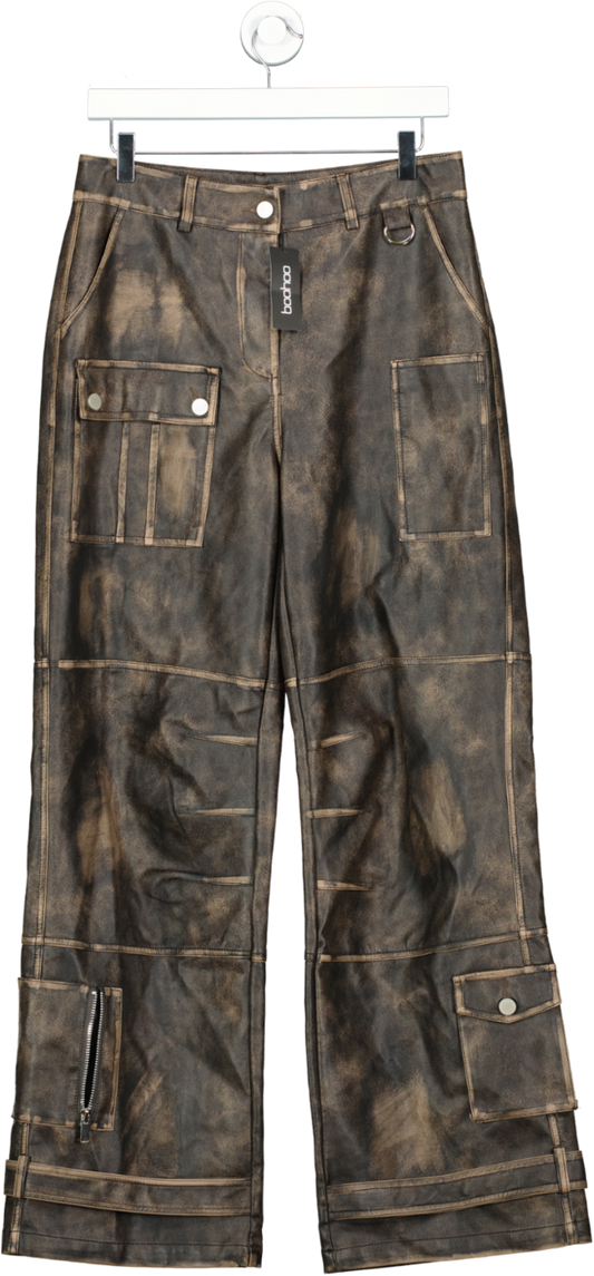 boohoo Brown Vintage Leather Look Cargo Jeans UK 10