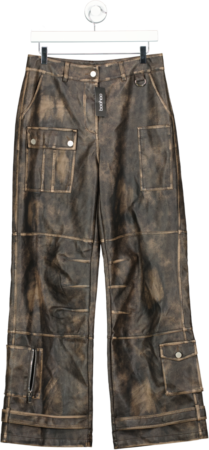 boohoo Brown Vintage Leather Look Cargo Jeans UK 10