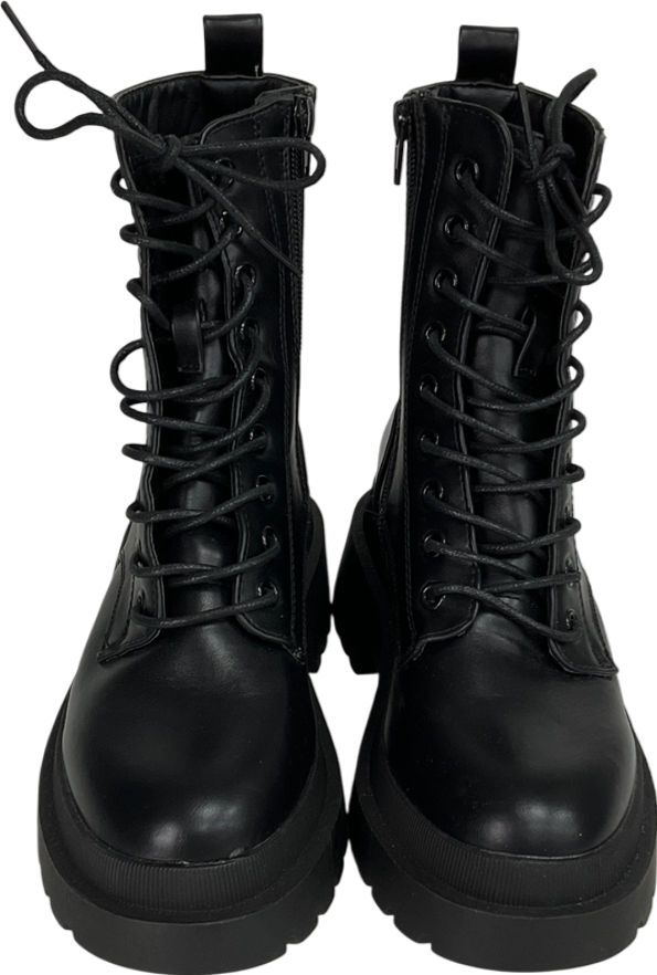 New Look Black Lace Up Chunky Cleated Biker Boots UK 3 EU 36 👠