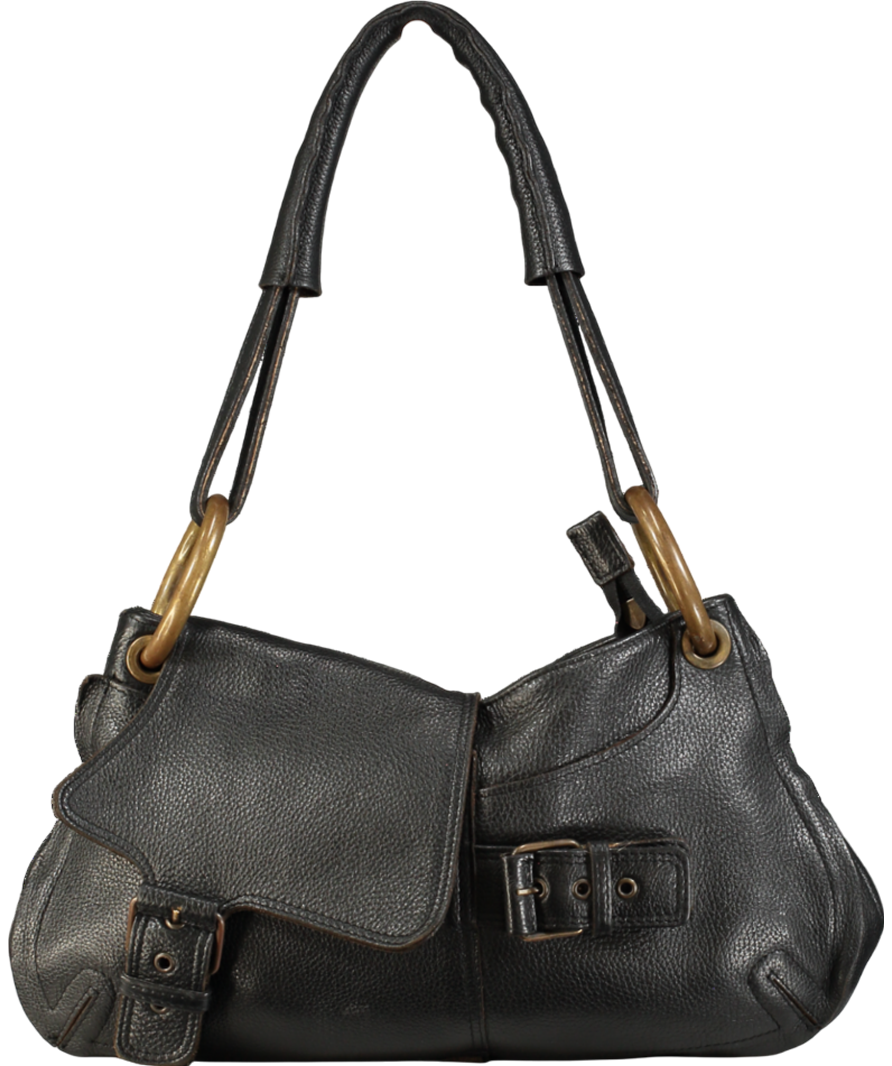 Black Leather Bag White Gold Buckle Details