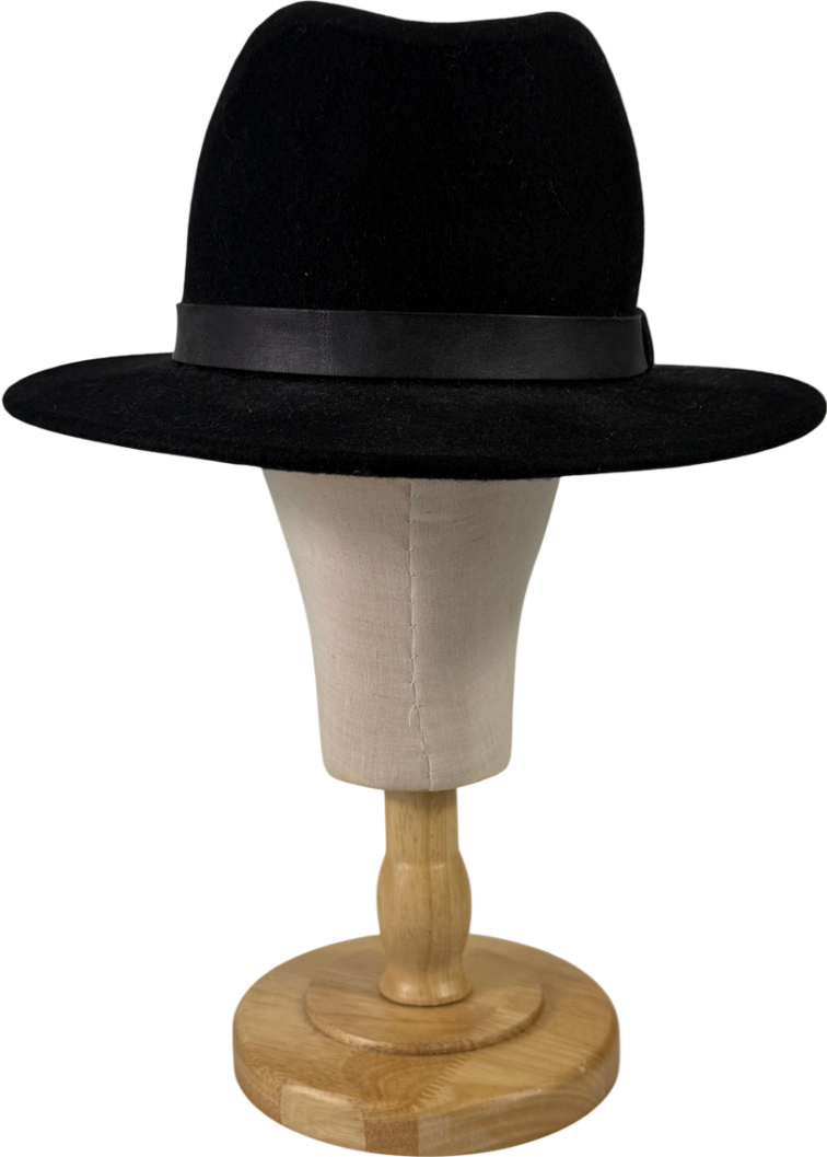 AllSaints Black Bronson Wide Brim Wool Fedora Hat UK M/L