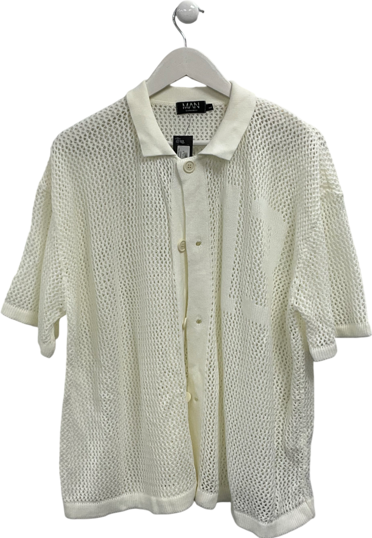 boohooMan Beige Oversized Boxy Fit Crochet Shirt UK L