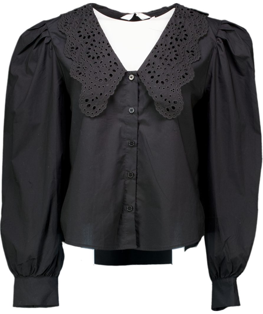 & Other Stories Black Embroidered Collar Puff Sleeve Cotton Blouse Eu40 UK 12