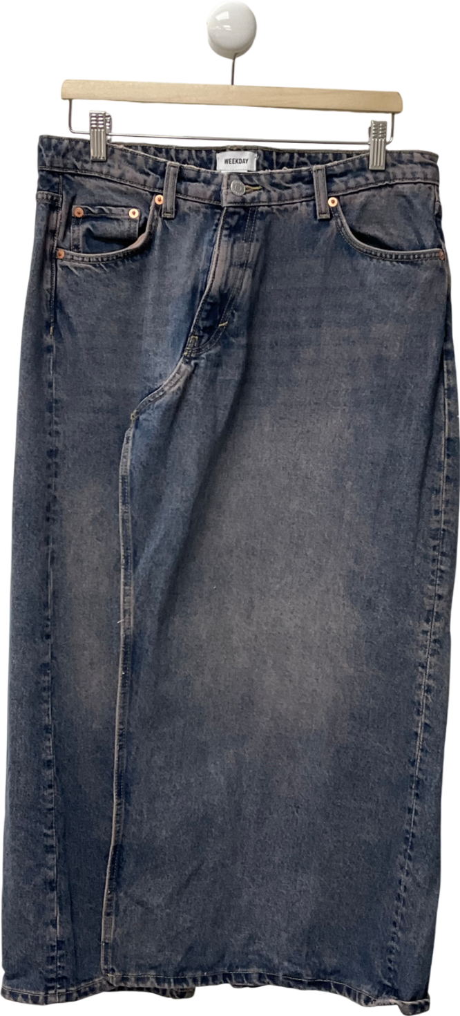 Weekday Side Denim Midi Skirt In Blue Wash W42