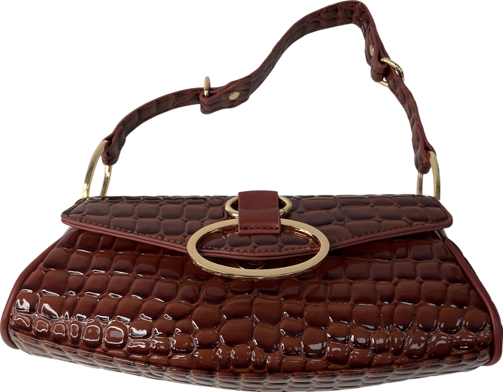PrettyLittleThing Brown Vinyl Link Croc Print Shoulder Bag