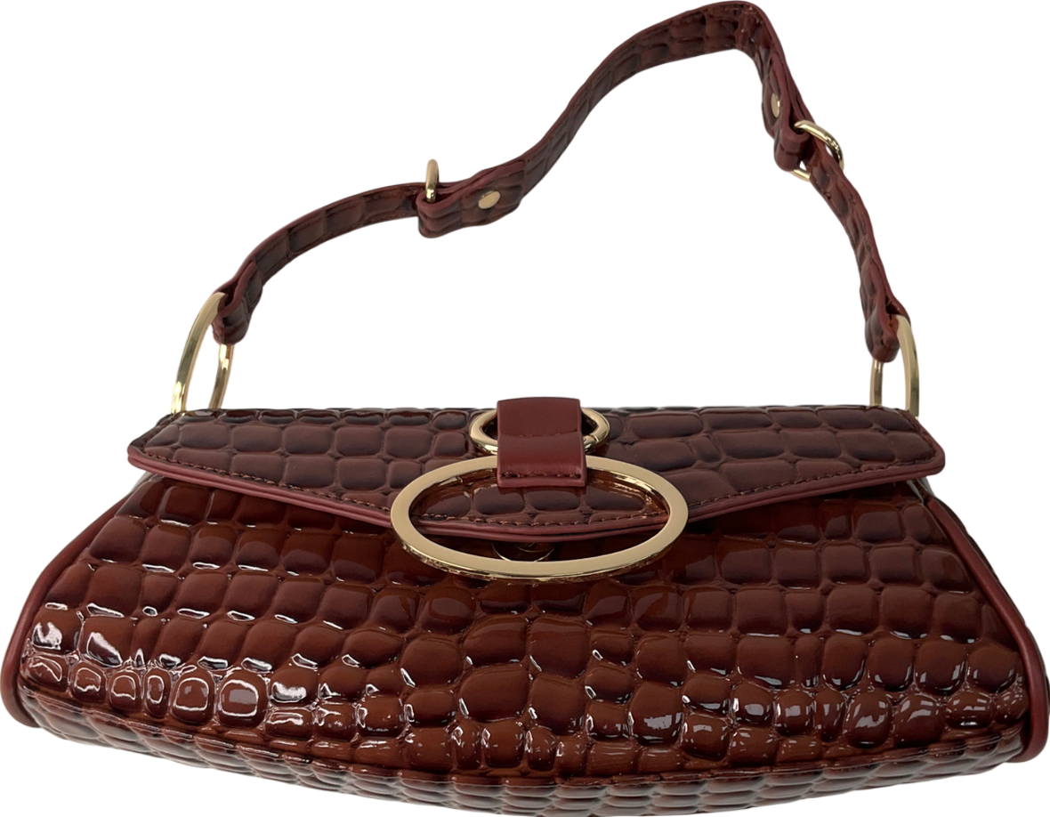PrettyLittleThing Brown Vinyl Link Croc Print Shoulder Bag