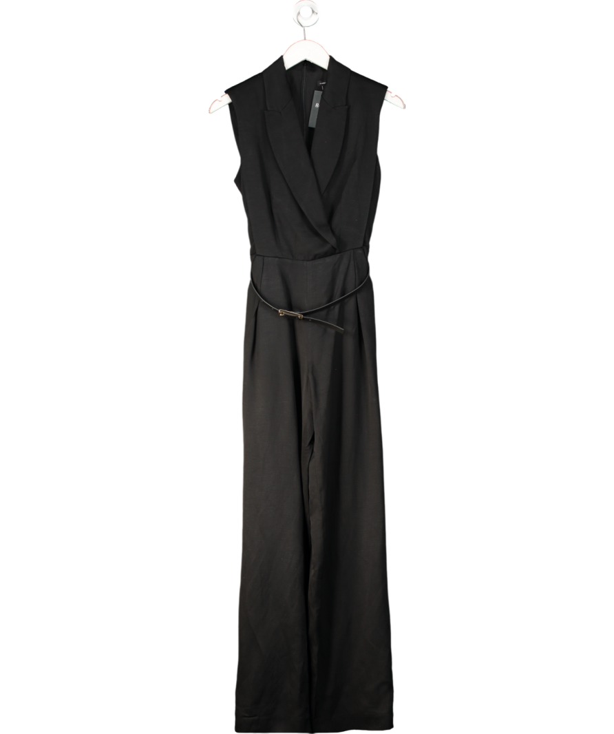 Karen Millen Black Premium Viscose Linen Tailored Belted Wide Leg Jumpsuit UK 8