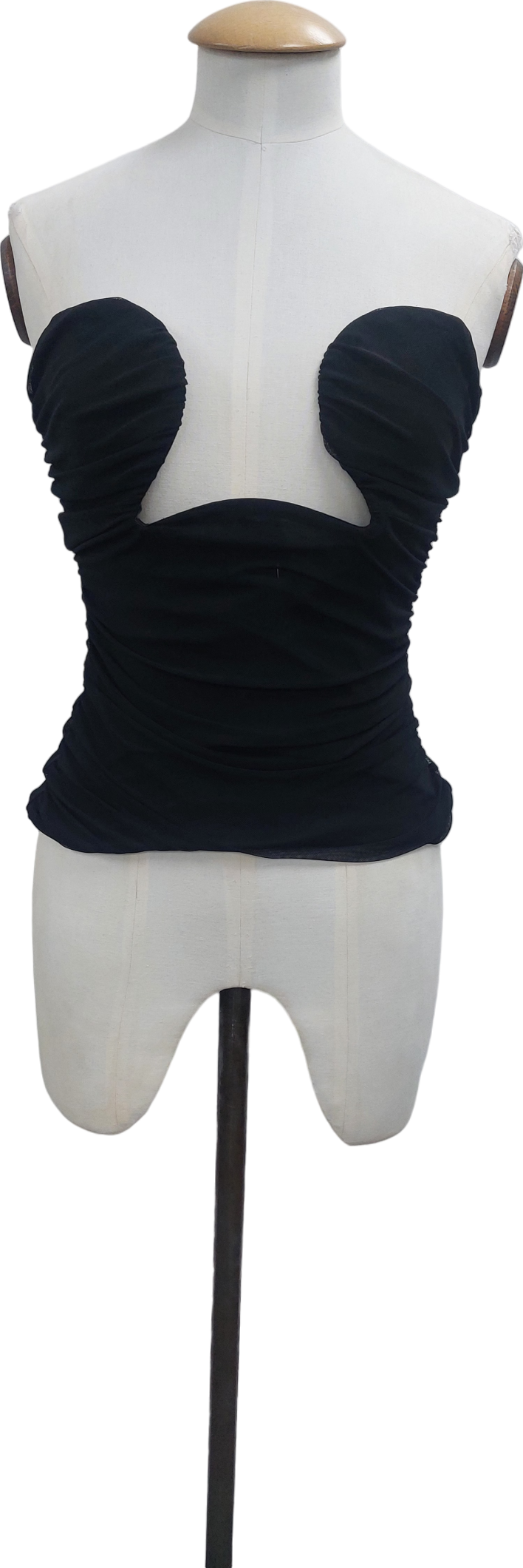 Black Structured Ruched Mesh Strapless Top UK S/M