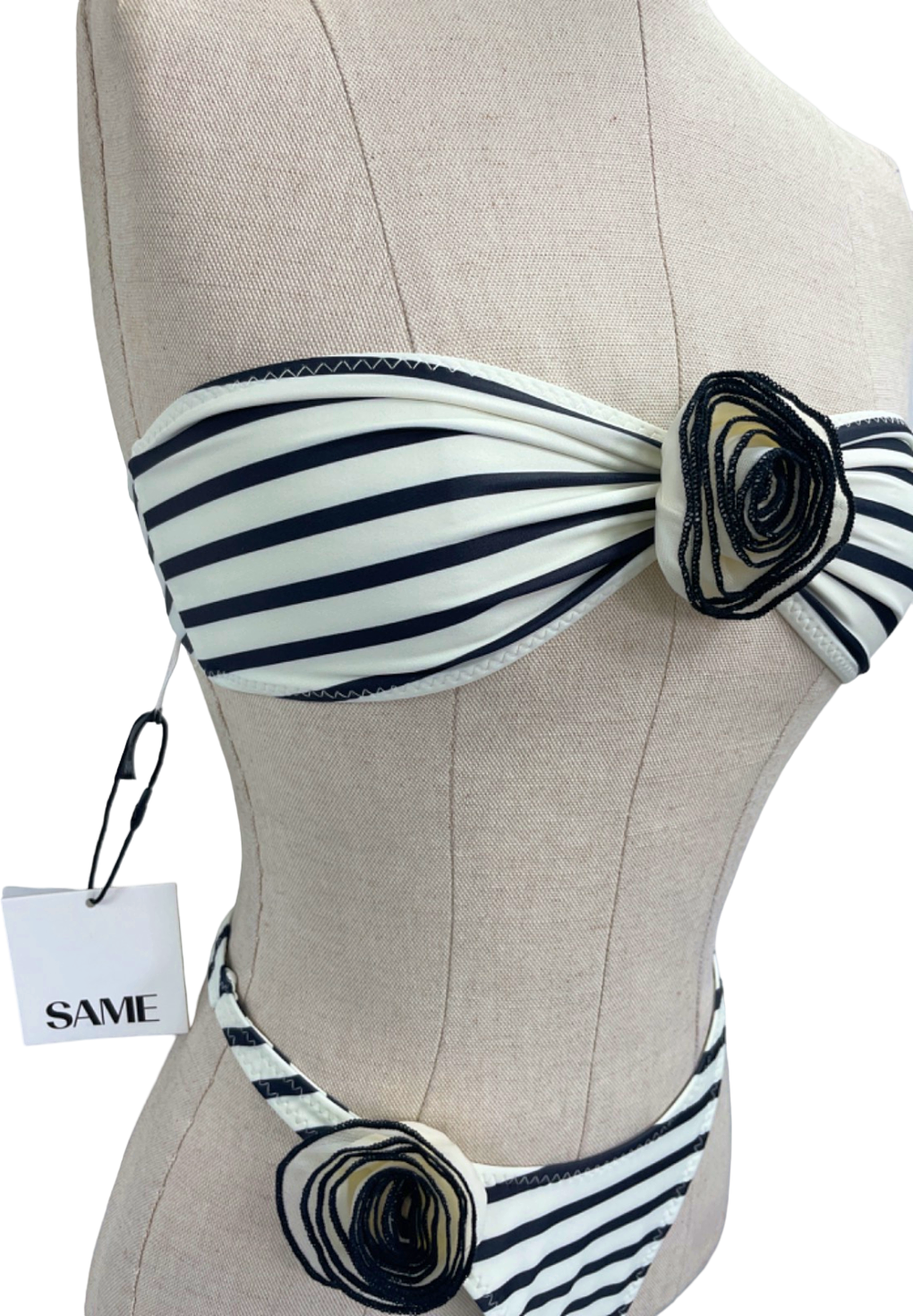 SAME LOS ANGELES Black/White Striped Bikini Set UK S
