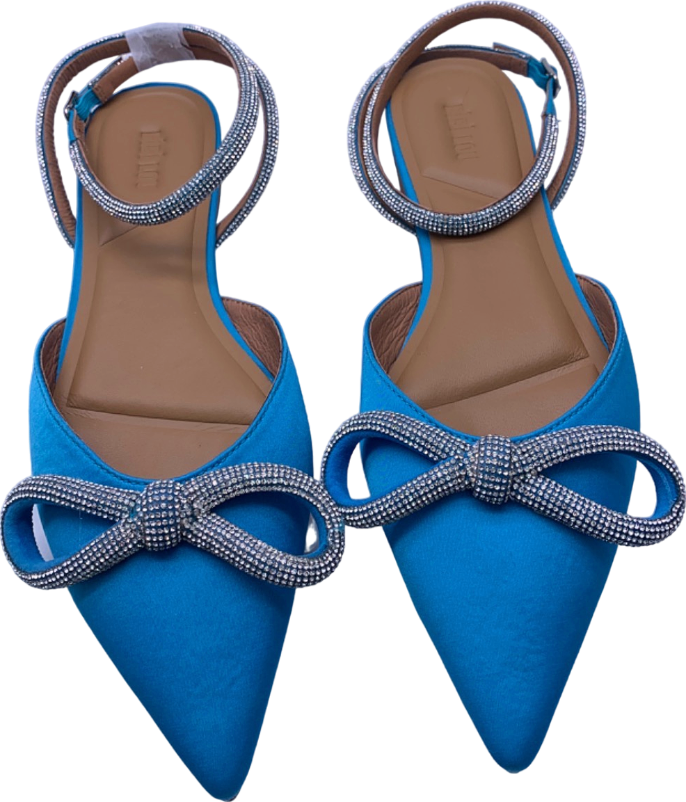 Bibi Lou Blue Embellished Satin Bow Strap Flats UK 4