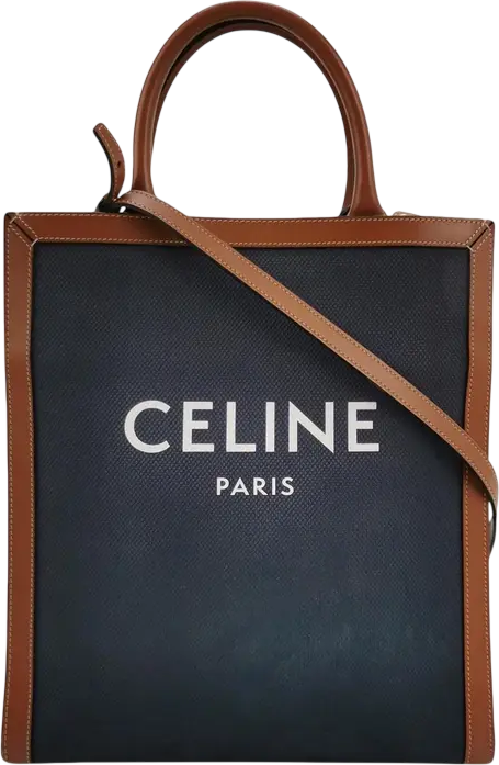 CELINE Blue Navy / Tan Brown Leather Vertical Cabas Tote Tote Bag With Crossbody Strap
