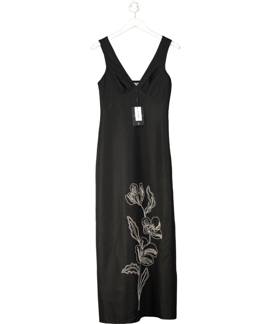 4th & Reckless Black Simmi Dress - Linen Look V Neck Floral Embroidered Maxi Dress UK 8