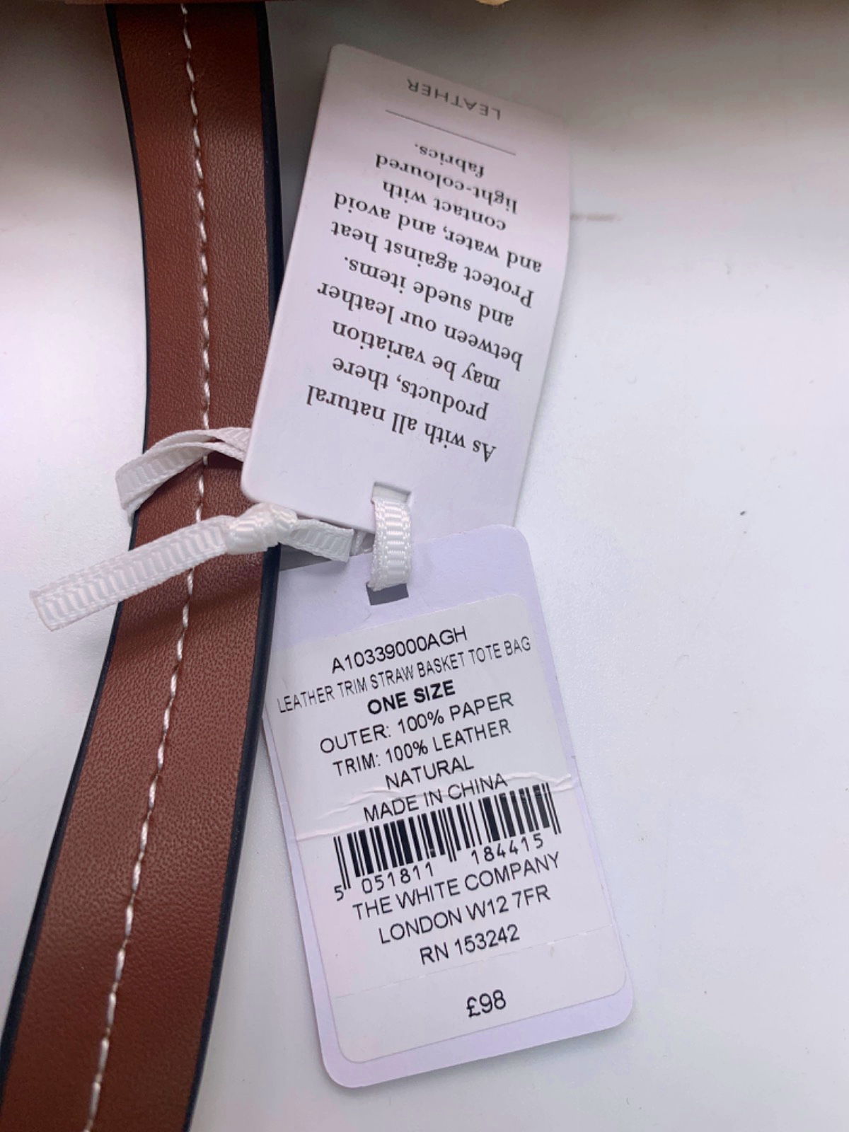 The White Company Natural Leather Trim Straw Basket Tote Bag