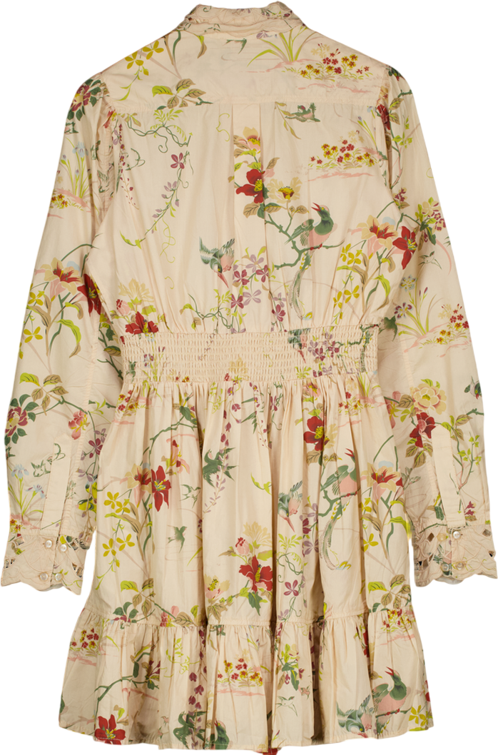 ByTIMO Cream Floral Print Cotton Lace Collar Mini Long Sleeved Dress UK S