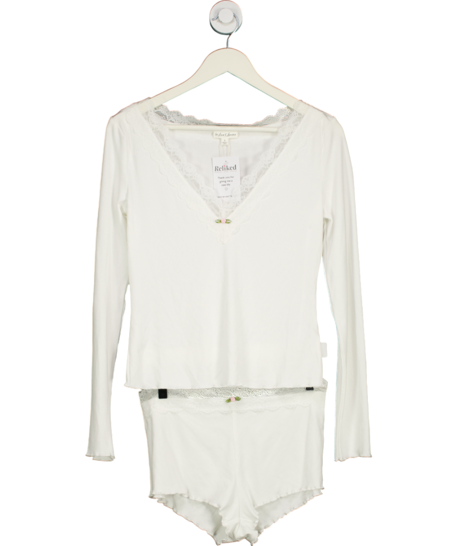 For Love & Lemons White Eisley Ribbed Knit Pyjama Set UK S