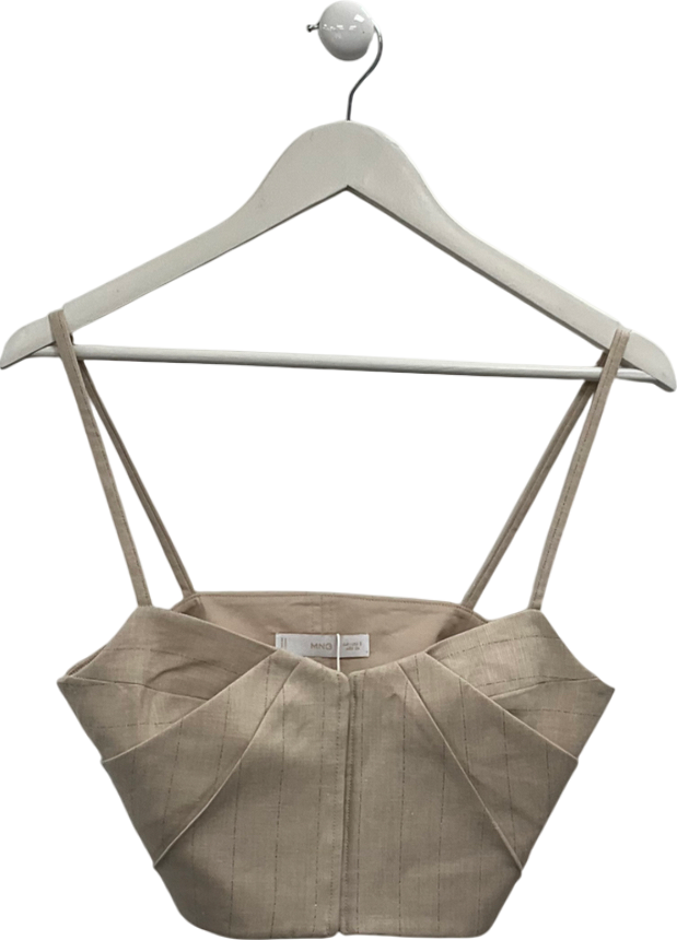 MANGO Beige Pinstripe Linen Blend Crop Top UK S