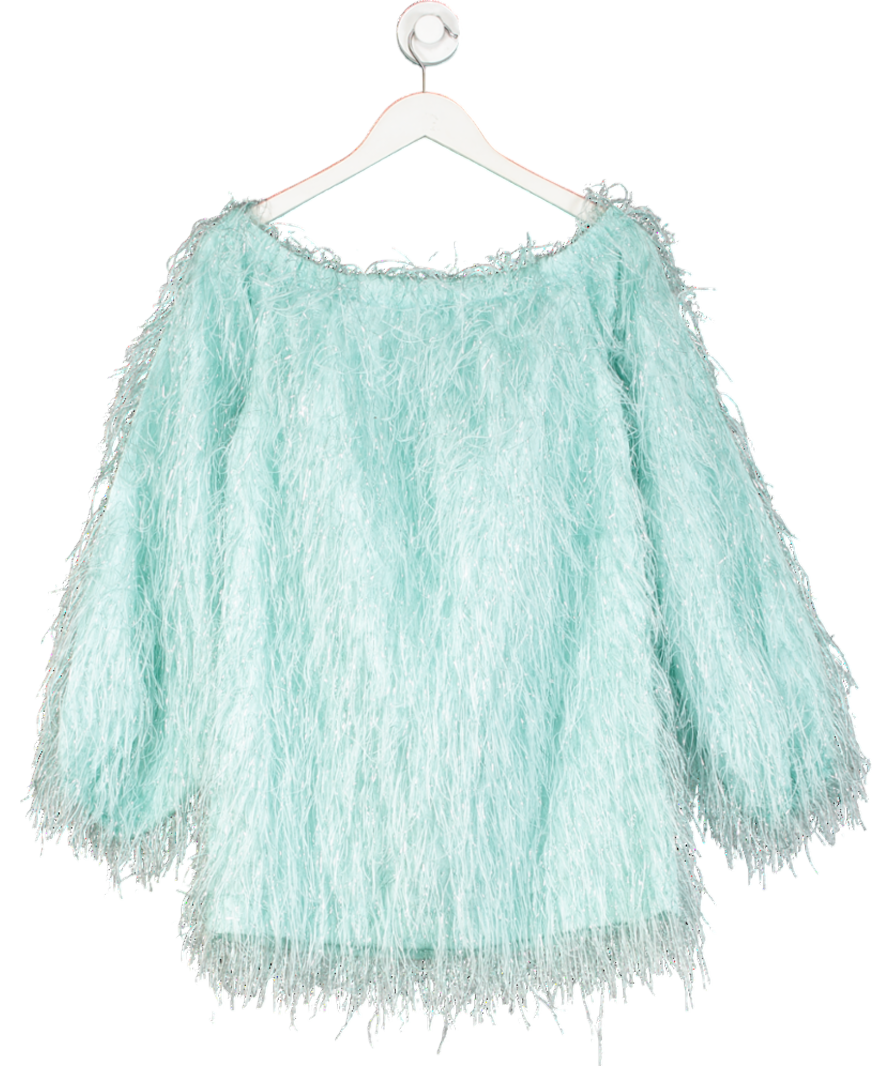 Rotate Birger Christensen Blue Gloria Off Shoulder Feather Dress UK 8