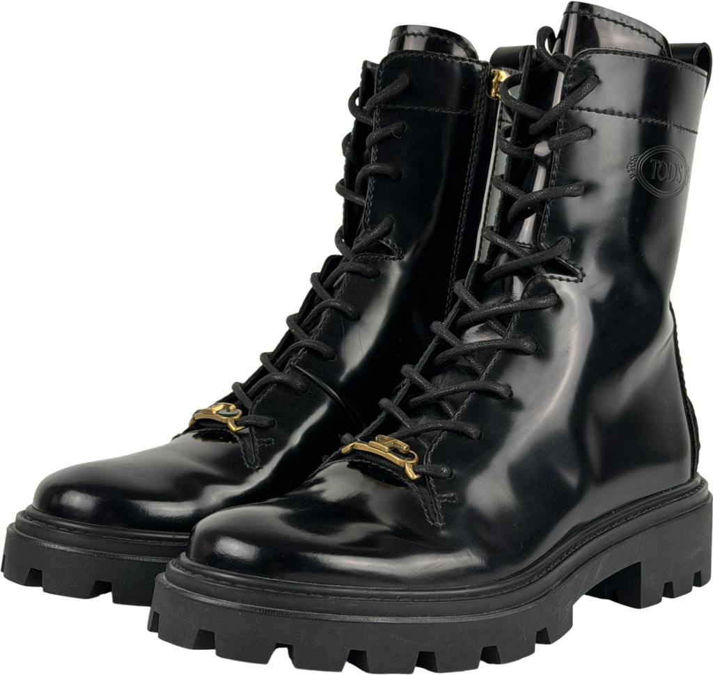 Tod's Black Embellished Glossed-leather Combat Boots UK 4 EU 37 👠