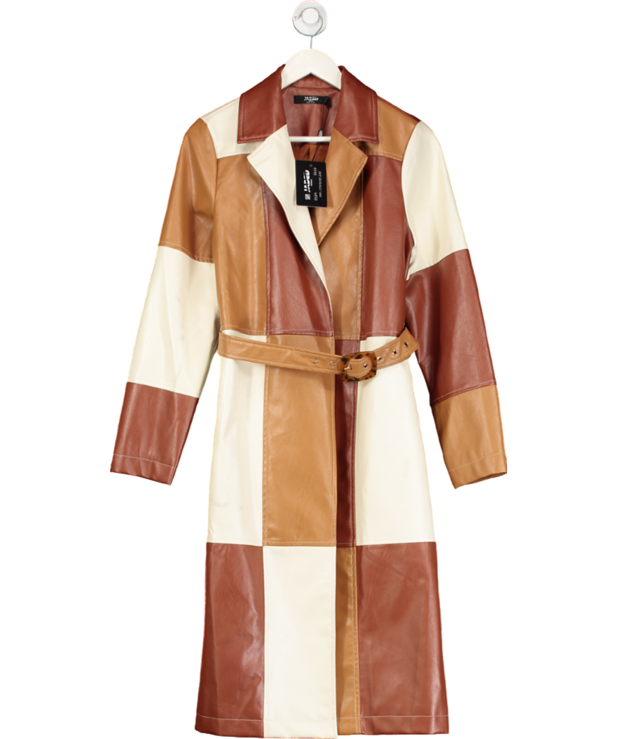 Jaded London Brown Patchwork Vegan Leather Belted Trench Coat UK 8