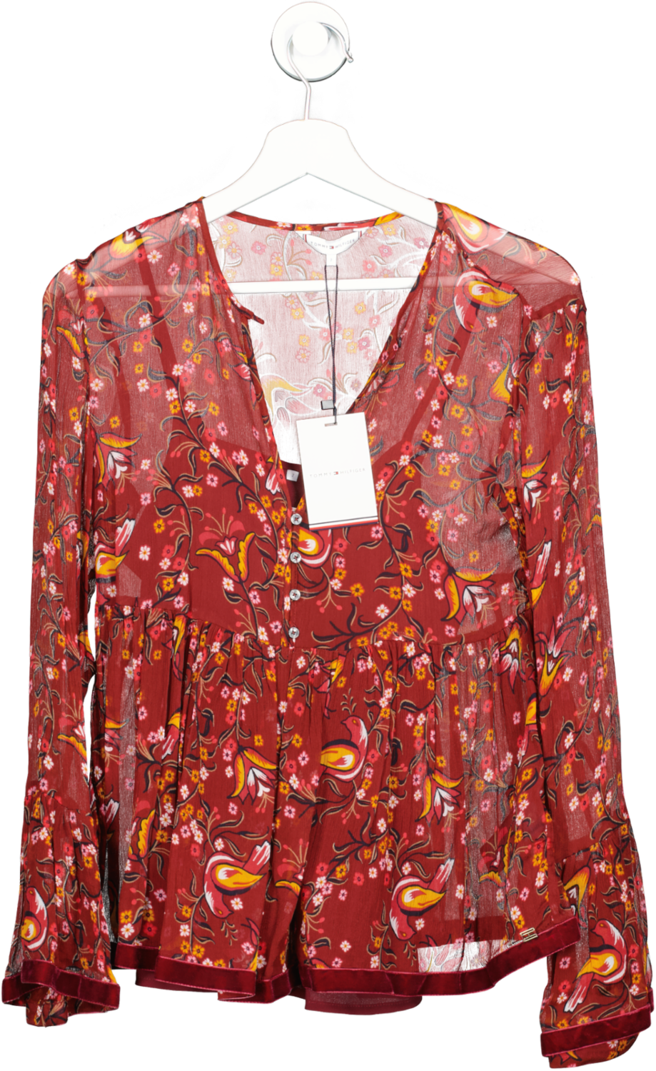 TOMMY HILFIGER Burgundy Velvet Trim Floral Blouse UK 6