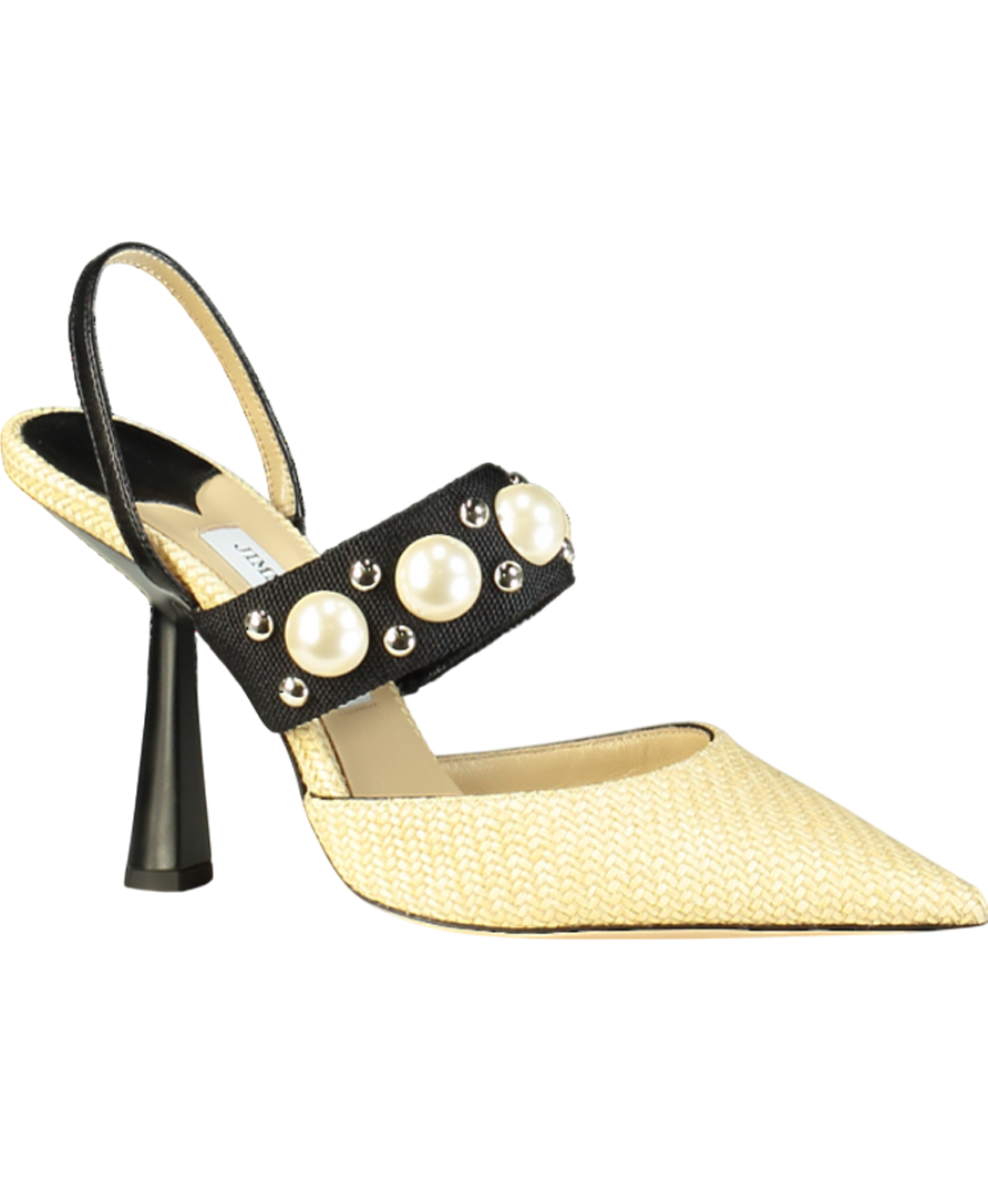 Jimmy Choo Natural raffia Breslin 100mm Pearl detail Singback Pumps UK 6.5 EU 39.5 👠